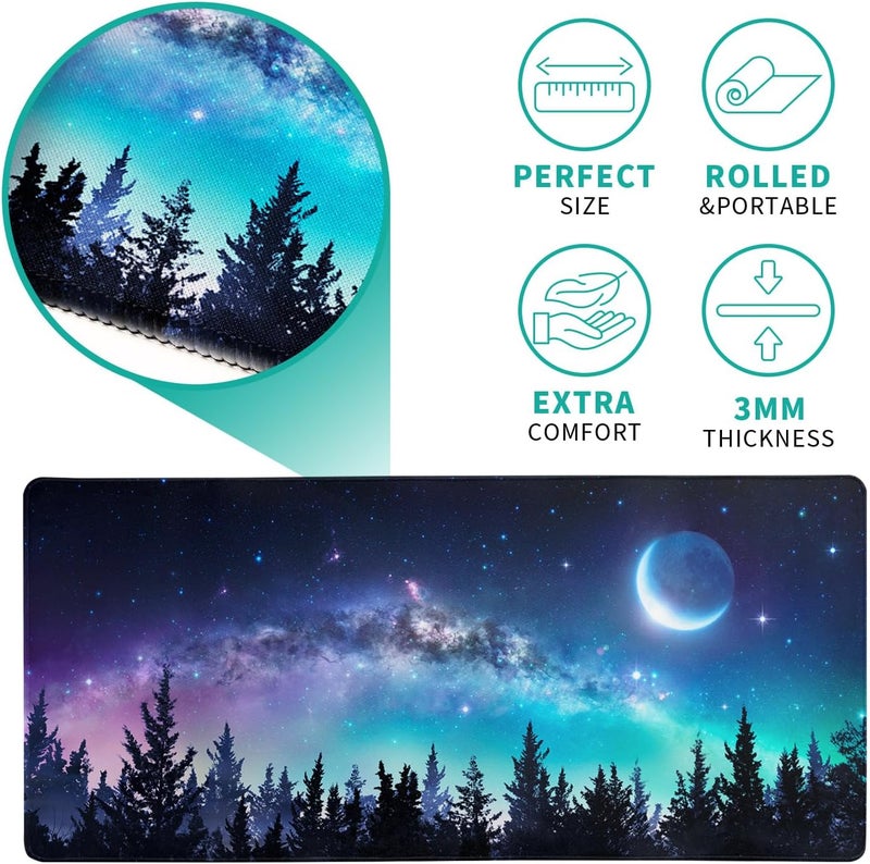 Brecoy Extended Gaming Mouse Pad, XL Large Keyboard Mouse Mat Desk Pad, Stitched Edges Mousepad, 3mm Thick Long Non-Slip Rubber Base Mice Pad, 31.5 X 11.8 Inch, Forest Moon Galaxy - Image 5